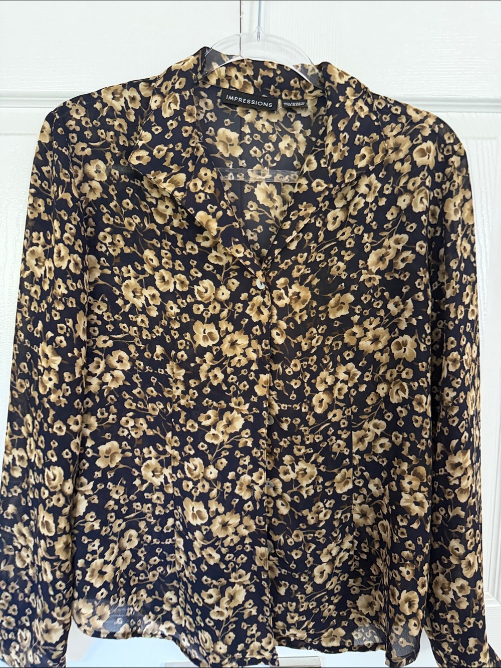 Impressions Black and Tan Floral Button-Down Top